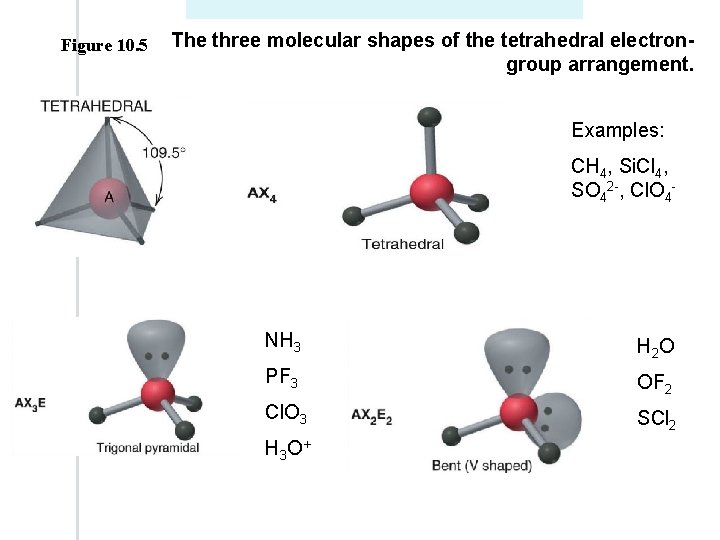 Figure 10. 5 The three molecular shapes of the tetrahedral electrongroup arrangement. Examples: CH Figure 10. 5 The three molecular shapes of the tetrahedral electrongroup arrangement. Examples: CH