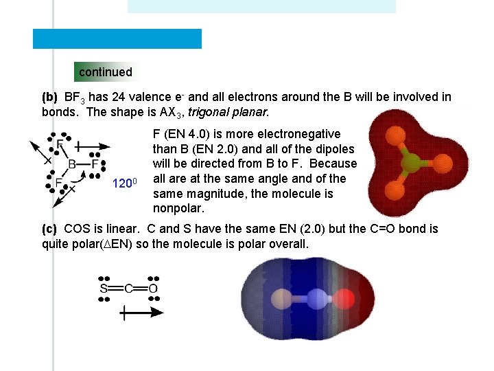 continued (b) BF 3 has 24 valence e- and all electrons around the B continued (b) BF 3 has 24 valence e- and all electrons around the B