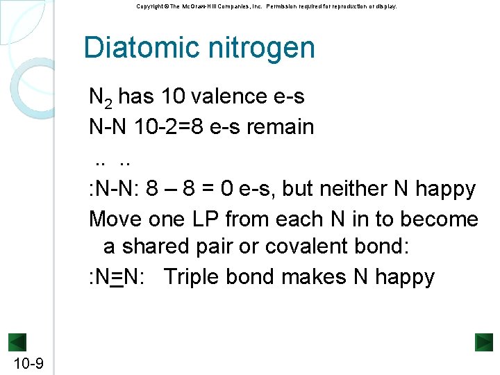 Copyright ©The Mc. Graw-Hill Companies, Inc. Permission required for reproduction or display. Diatomic nitrogen Copyright ©The Mc. Graw-Hill Companies, Inc. Permission required for reproduction or display. Diatomic nitrogen