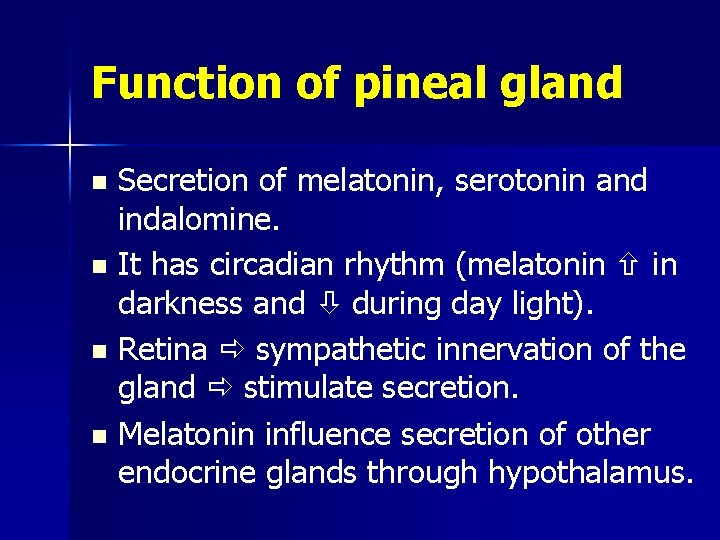 Function of pineal gland Secretion of melatonin, serotonin and indalomine. n It has circadian