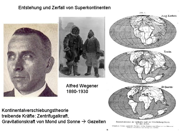 Entstehung und Zerfall von Superkontinenten Alfred Wegener 1880 -1930 Kontinentalverschiebungstheorie treibende Kräfte: Zentrifugalkraft, Gravitationskraft