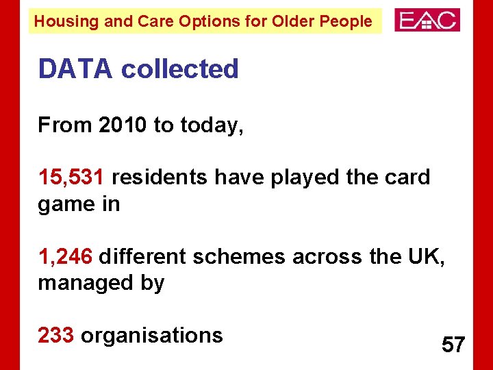 Housing and Care Options for Older People DATA collected From 2010 to today, 15,