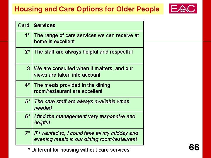 Housing and Care Options for Older People Card Services 1* The range of care