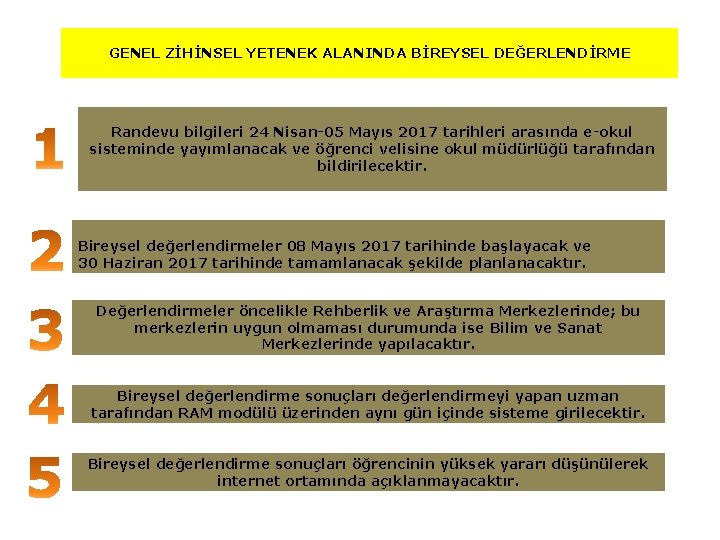 GENEL ZİHİNSEL YETENEK ALANINDA BİREYSEL DEĞERLENDİRME Randevu bilgileri 24 Nisan-05 Mayıs 2017 tarihleri arasında