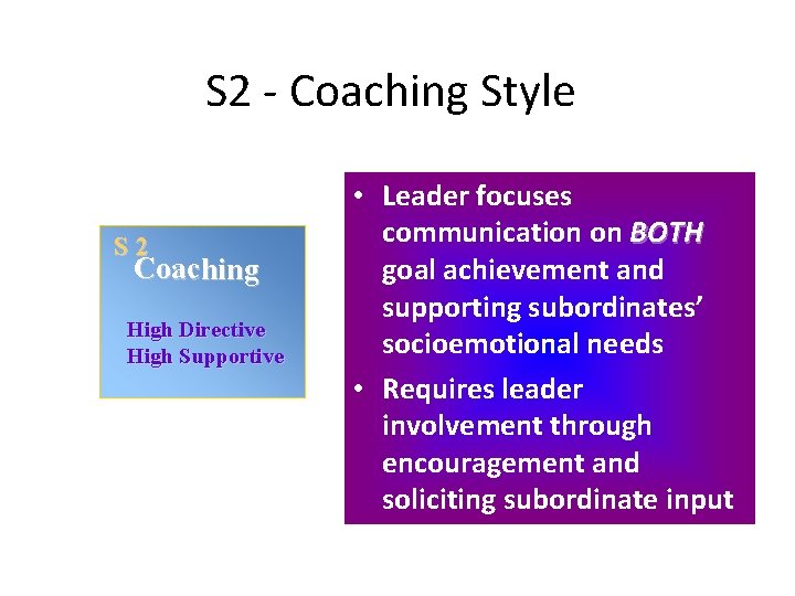 S 2 - Coaching Style S 2 Coaching High Directive High Supportive • Leader