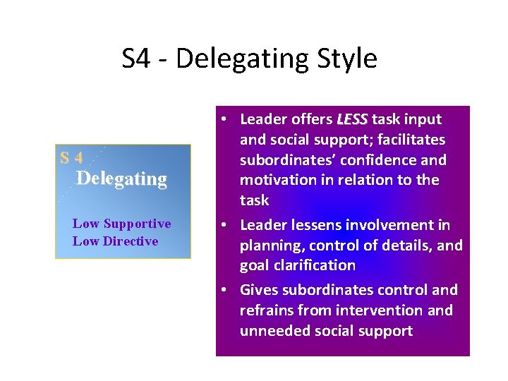 S 4 - Delegating Style S 4 Delegating Low Supportive Low Directive • Leader