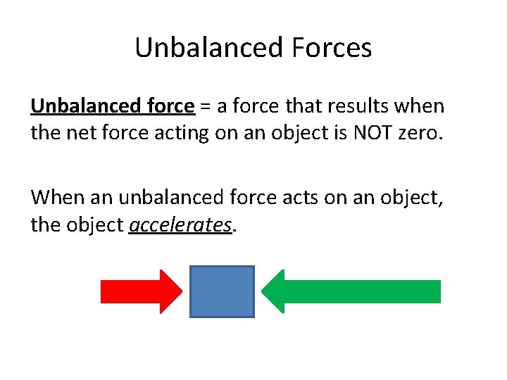 Unbalanced Forces Unbalanced force = a force that results when the net force acting