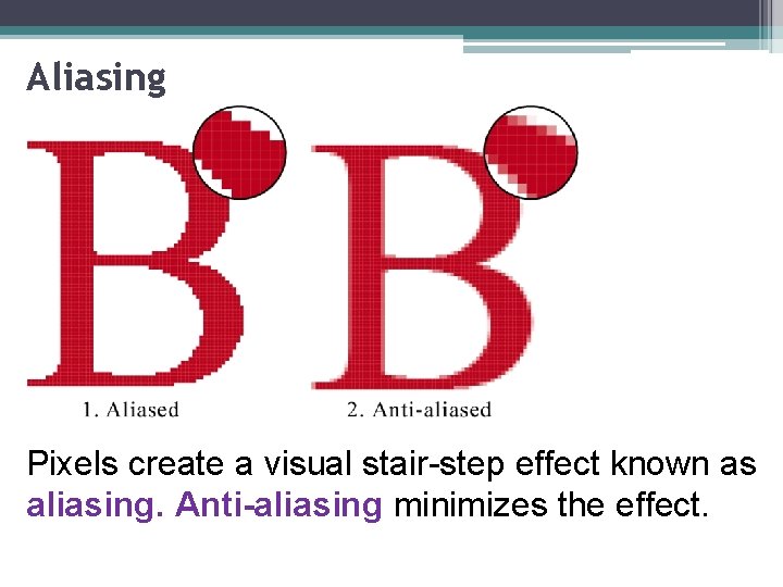 Aliasing Pixels create a visual stair-step effect known as aliasing. Anti-aliasing minimizes the effect.