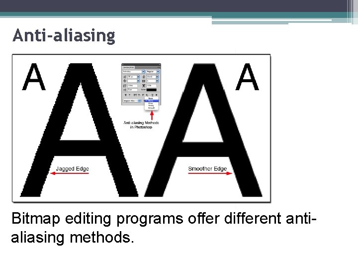 Anti-aliasing Bitmap editing programs offer different antialiasing methods. 
