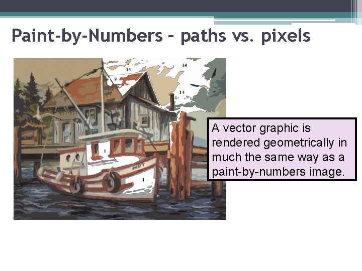 Paint-by-Numbers – paths vs. pixels A vector graphic is rendered geometrically in much the