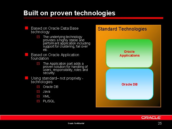 Built on proven technologies n Based on Oracle Data Base technology Standard Technologies Insert
