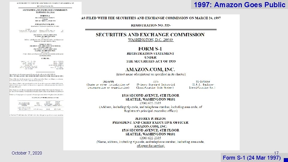 1997: Amazon Goes Public October 7, 2020 17 Form S-1 (24 Mar 1997) 