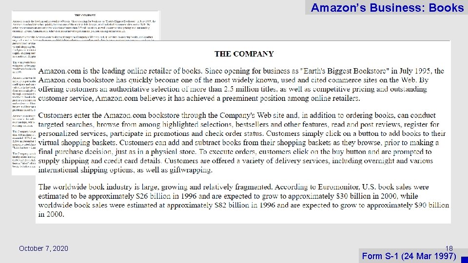 Amazon’s Business: Books October 7, 2020 18 Form S-1 (24 Mar 1997) 