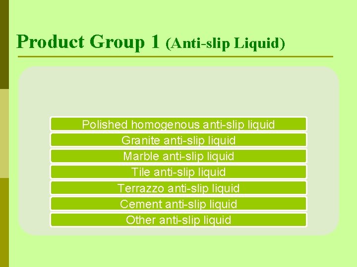 Product Group 1 (Anti-slip Liquid) Polished homogenous anti-slip liquid Granite anti-slip liquid Marble anti-slip