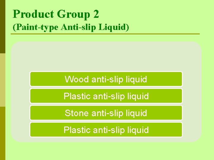 Product Group 2 (Paint-type Anti-slip Liquid) Wood anti-slip liquid Plastic anti-slip liquid Stone anti-slip