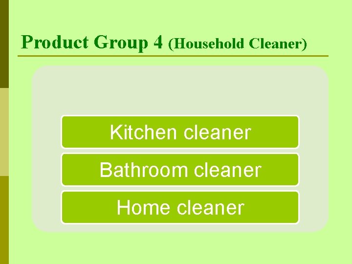 Product Group 4 (Household Cleaner) Kitchen cleaner Bathroom cleaner Home cleaner 