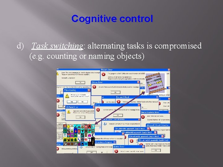 Cognitive control d) Task switching: alternating tasks is compromised (e. g. counting or naming