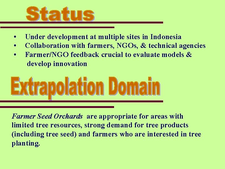  • • • Under development at multiple sites in Indonesia Collaboration with farmers,