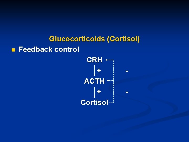 n Glucocorticoids (Cortisol) Feedback control CRH + ACTH + Cortisol 