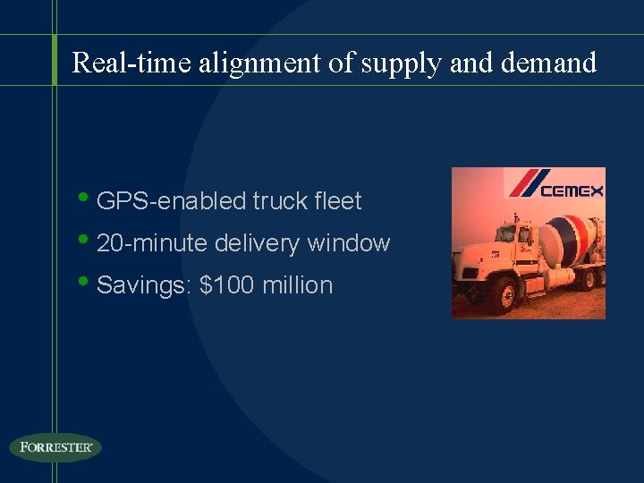 Real-time alignment of supply and demand i. GPS-enabled truck fleet i 20 -minute delivery