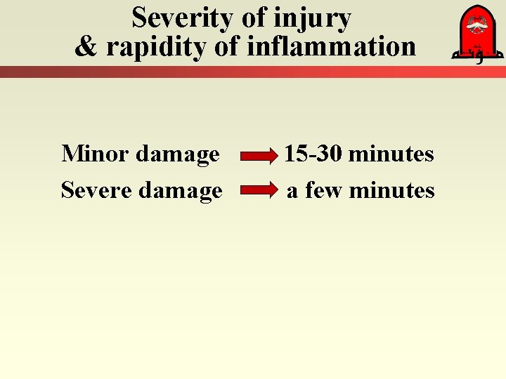 Severity of injury & rapidity of inflammation Minor damage Severe damage 15 -30 minutes Severity of injury & rapidity of inflammation Minor damage Severe damage 15 -30 minutes