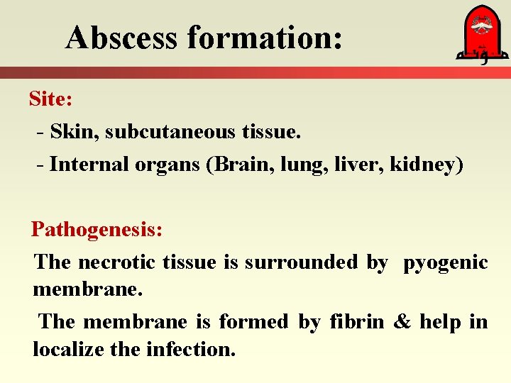 Abscess formation: Site: - Skin, subcutaneous tissue. - Internal organs (Brain, lung, liver, kidney) Abscess formation: Site: - Skin, subcutaneous tissue. - Internal organs (Brain, lung, liver, kidney)