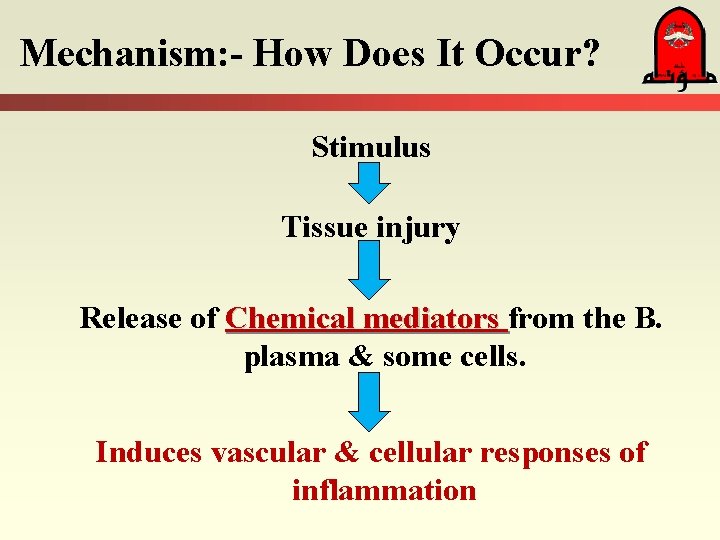Mechanism: - How Does It Occur? Stimulus Tissue injury Release of Chemical mediators from Mechanism: - How Does It Occur? Stimulus Tissue injury Release of Chemical mediators from