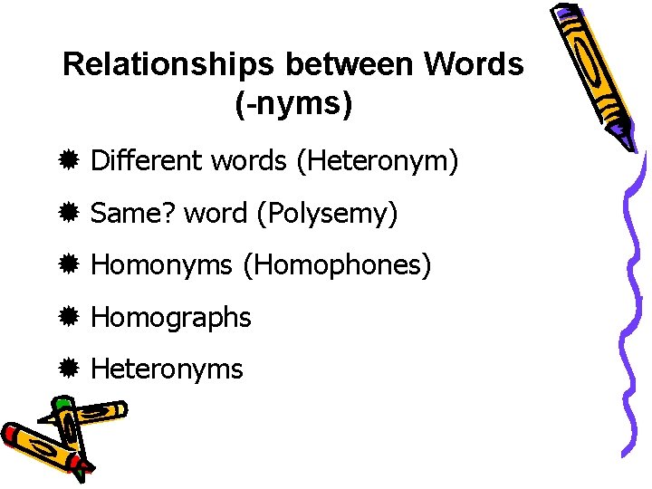 Relationships between Words (-nyms) Different words (Heteronym) Same? word (Polysemy) Homonyms (Homophones) Homographs Heteronyms