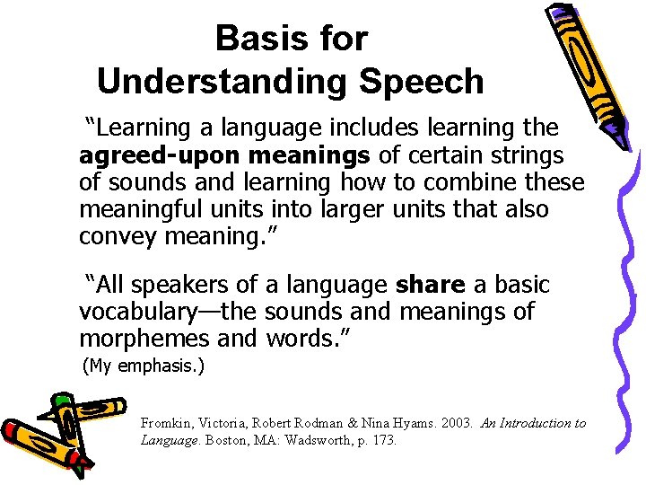 Basis for Understanding Speech “Learning a language includes learning the agreed-upon meanings of certain