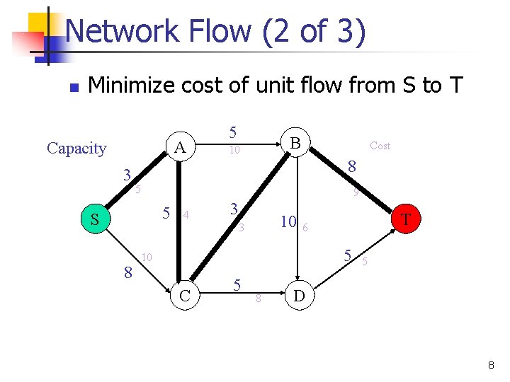 Network Flow (2 of 3) n Minimize cost of unit flow from S to Network Flow (2 of 3) n Minimize cost of unit flow from S to