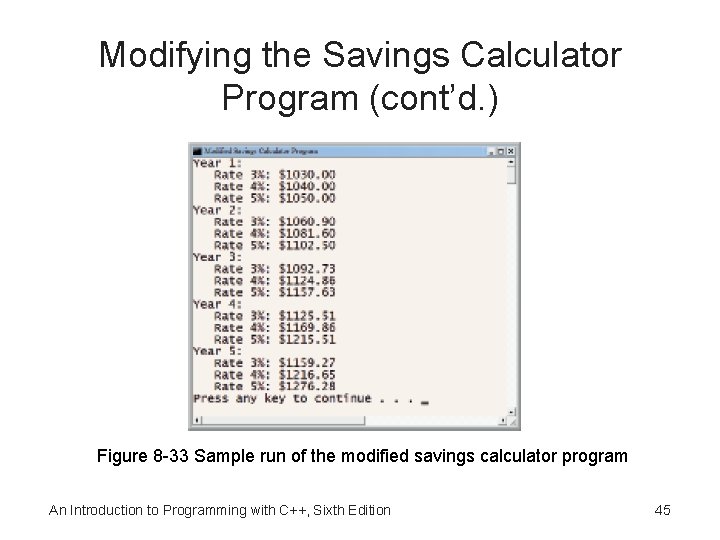 Modifying the Savings Calculator Program (cont’d. ) Figure 8 -33 Sample run of the