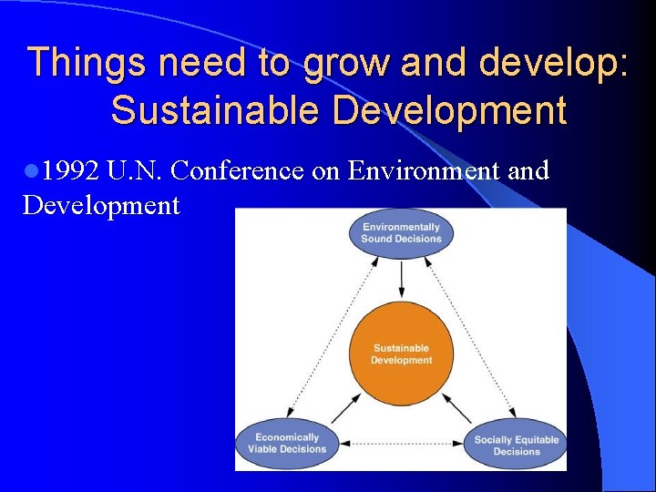 Things need to grow and develop: Sustainable Development l 1992 U. N. Conference on