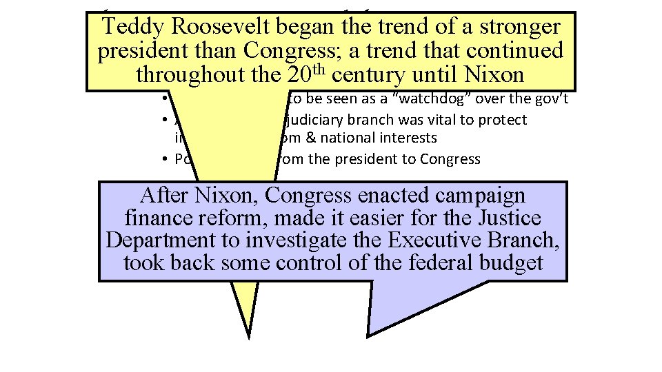 The Watergate Scandal Teddy Roosevelt began the trend of a stronger president Congress; a