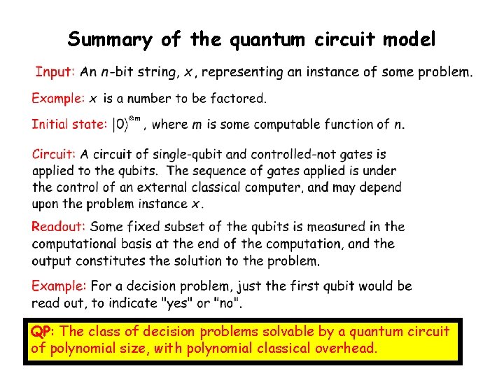 Summary of the quantum circuit model QP: The class of decision problems solvable by