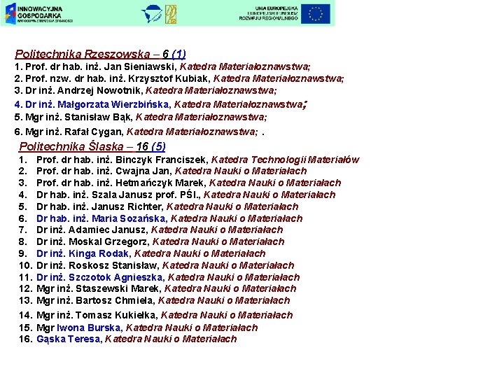 Politechnika Rzeszowska – 6 (1) 1. Prof. dr hab. inż. Jan Sieniawski, Katedra Materiałoznawstwa;