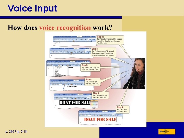 Voice Input How does voice recognition work? p. 245 Fig. 5 -18 Next 
