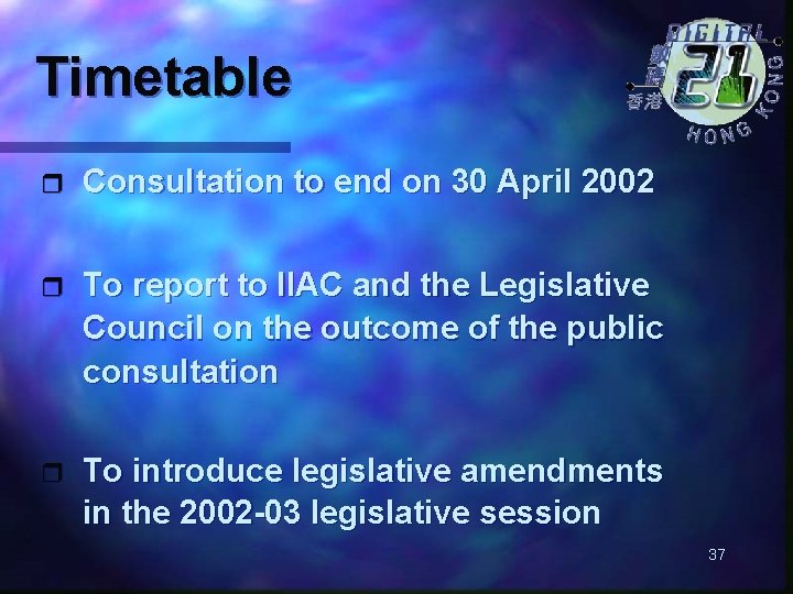 Timetable r Consultation to end on 30 April 2002 r To report to IIAC