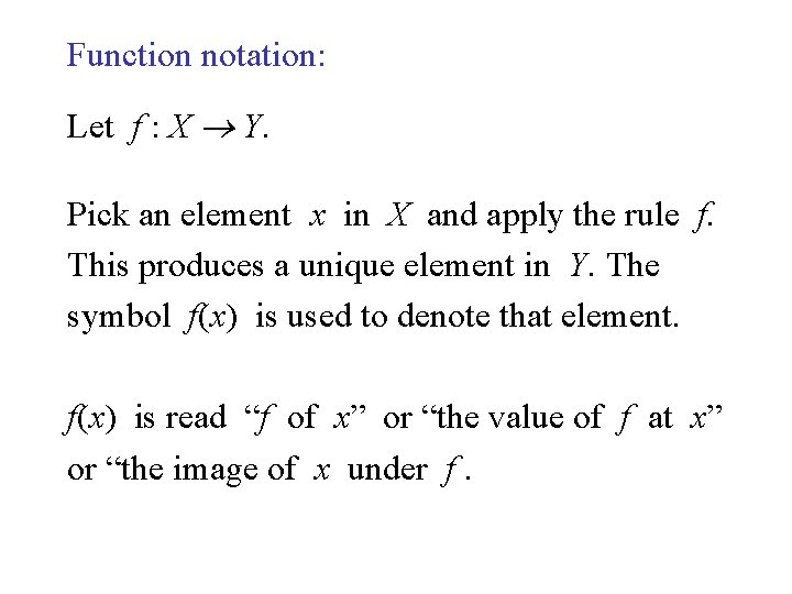 Function notation: Let f : X Y. Pick an element x in X and