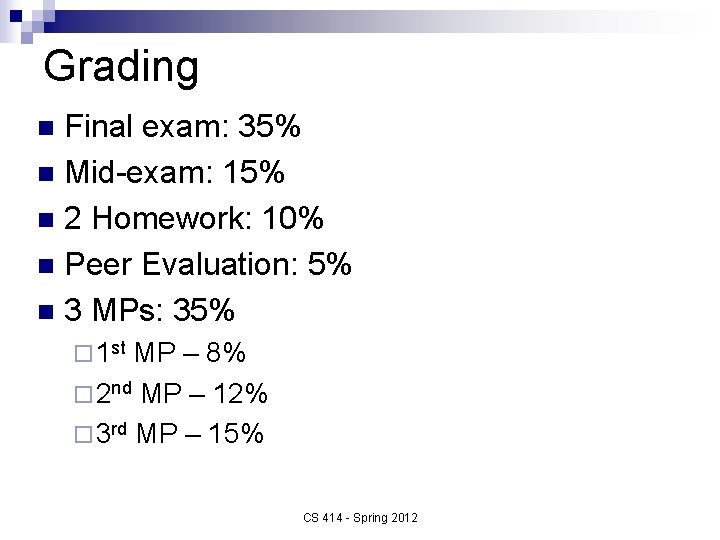 Grading Final exam: 35% n Mid-exam: 15% n 2 Homework: 10% n Peer Evaluation: