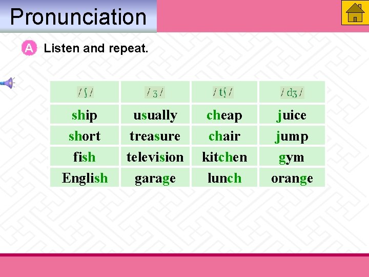 Pronunciation A Listen and repeat. ship short fish English usually treasure television garage cheap