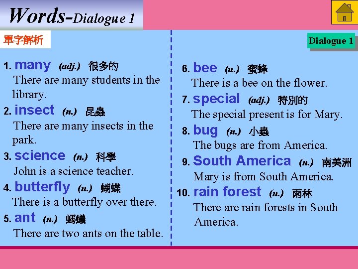 Words-Dialogue 1 單字解析 1. many (adj. ) 很多的 There are many students in the