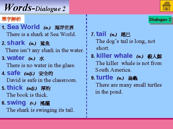 Words-Dialogue 2 單字解析 1. Sea World Dialogue 2 (n. ) 海洋世界 There is a