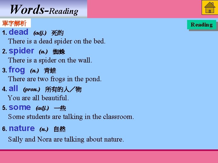 Words-Reading 單字解析 1. dead (adj. ) 死的 There is a dead spider on the