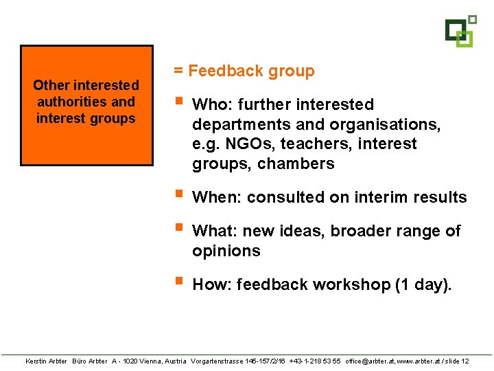 Other interested authorities and interest groups = Feedback group § Who: further interested departments