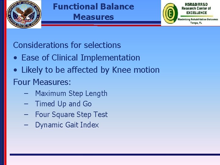 Functional Balance Measures Considerations for selections • Ease of Clinical Implementation • Likely to