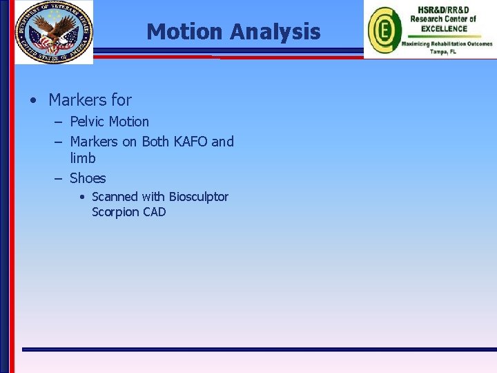 Motion Analysis • Markers for – Pelvic Motion – Markers on Both KAFO and