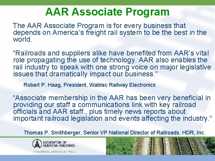 AAR Associate Program The AAR Associate Program is for every business that depends on