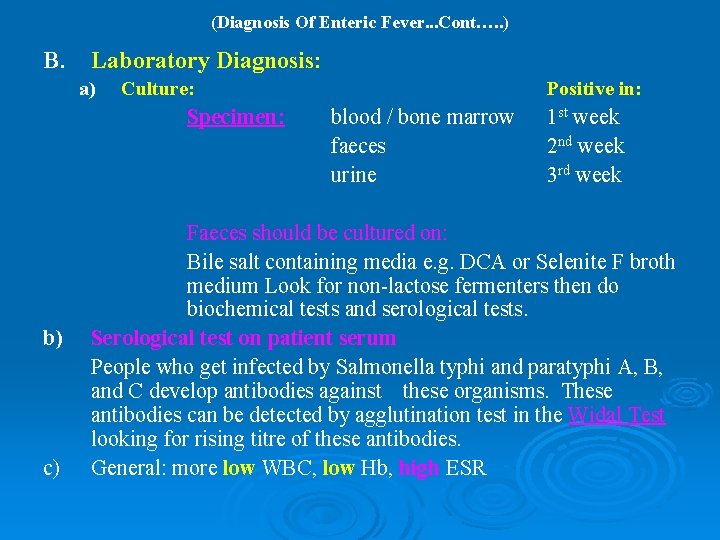 (Diagnosis Of Enteric Fever. . . Cont…. . ) B. Laboratory Diagnosis: a) Culture: (Diagnosis Of Enteric Fever. . . Cont…. . ) B. Laboratory Diagnosis: a) Culture: