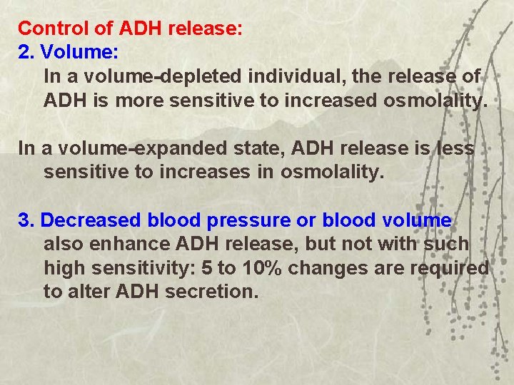 Control of ADH release: 2. Volume: In a volume-depleted individual, the release of ADH