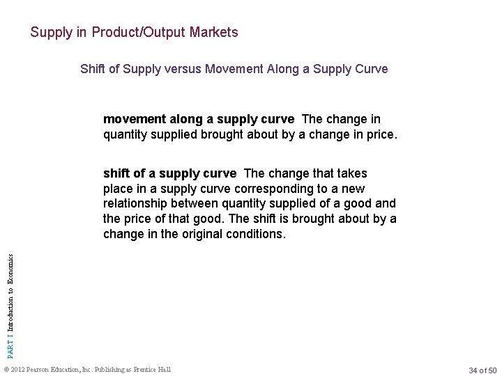 Supply in Product/Output Markets Shift of Supply versus Movement Along a Supply Curve movement